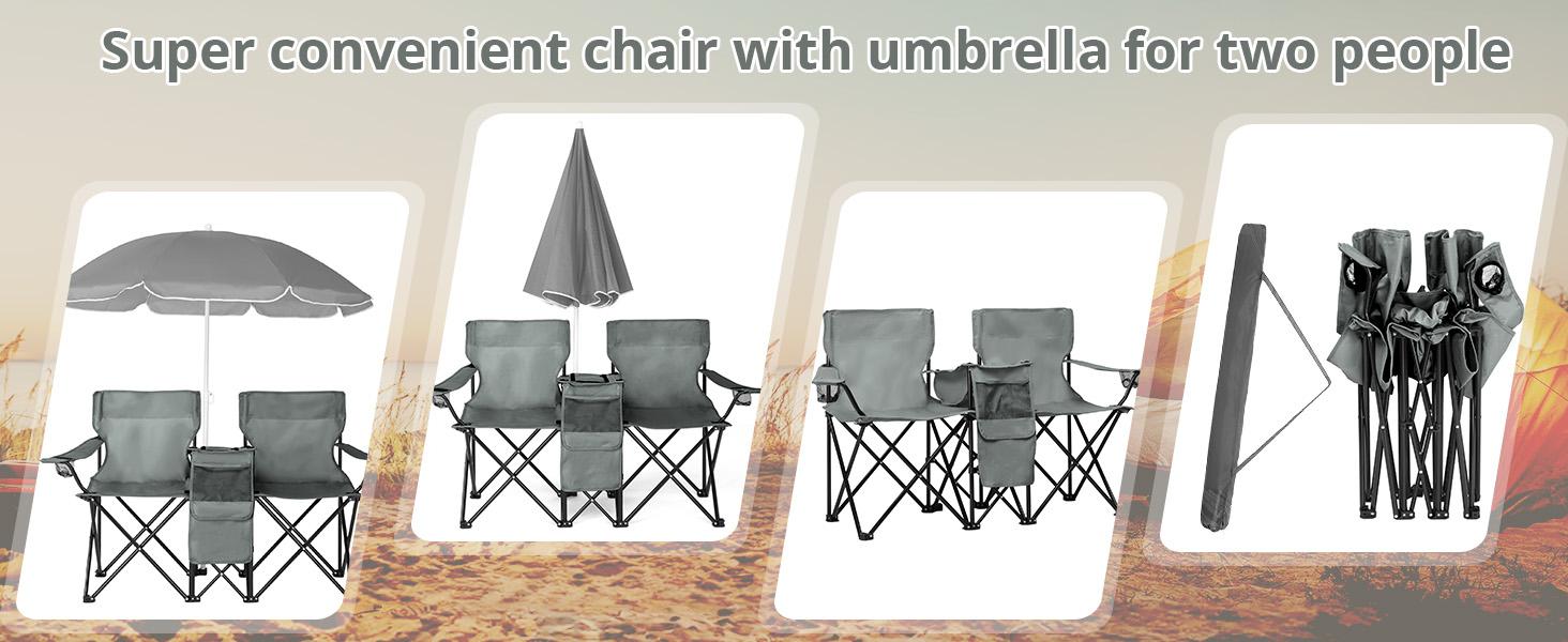 Outvita Folding Double Camping Chair w/Umbrella Beverage Holder Carrying Bag Cooler Fold Up Table, Large Bearing Capacity for Beach Patio Pool Park Outdoor Gray