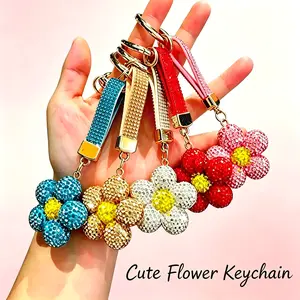 Shiny Crystal Floral Key Ring, Bling Rhinestone Flower Pendant, Trendy Accessory for Ladies