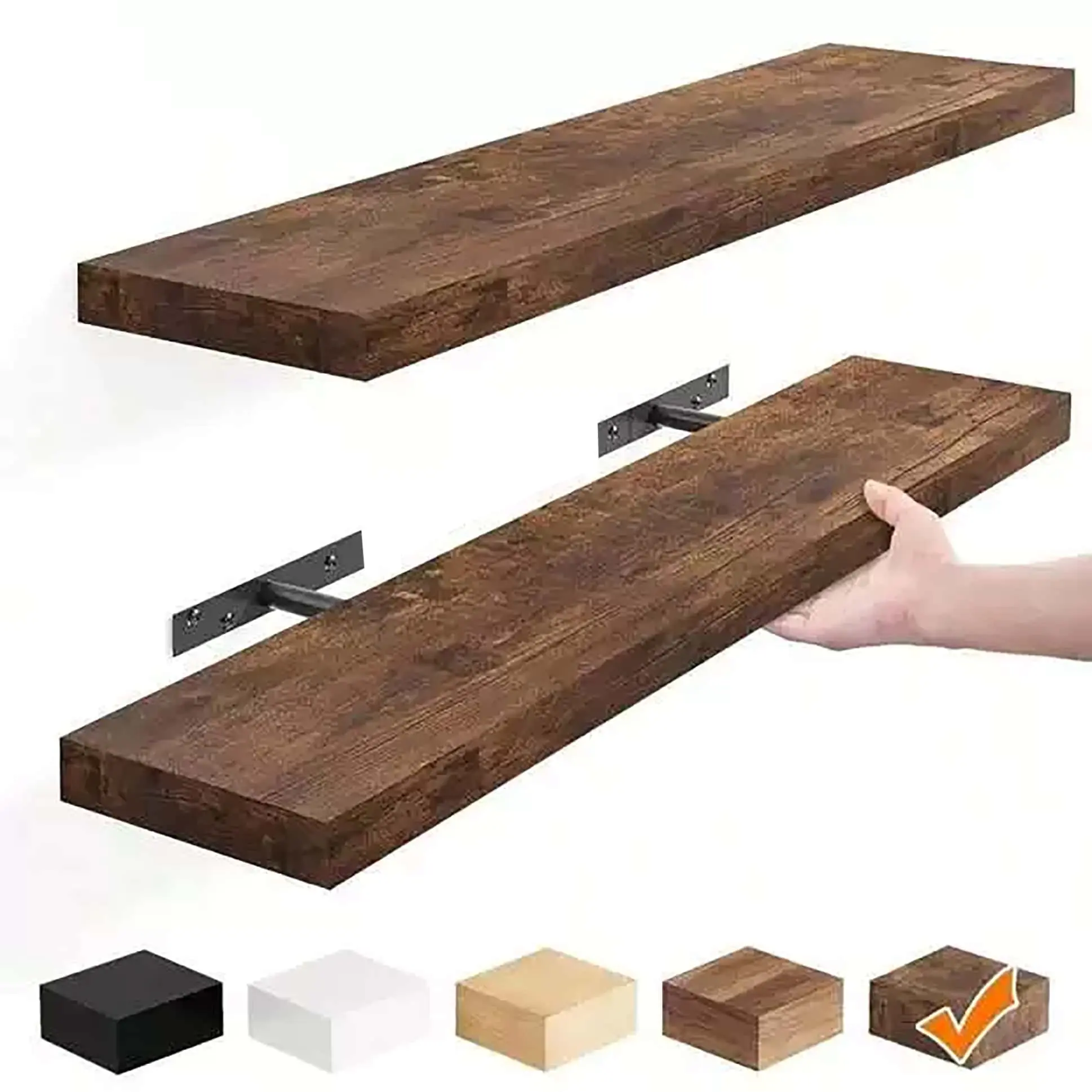 2PC Rustic Brown Floating Wall Shelves 15.7×5.9 Inch, Heavy Duty Brackets Wall Mount Storage Organizer for Bedroom Bathroom Kitchen Home Decor,