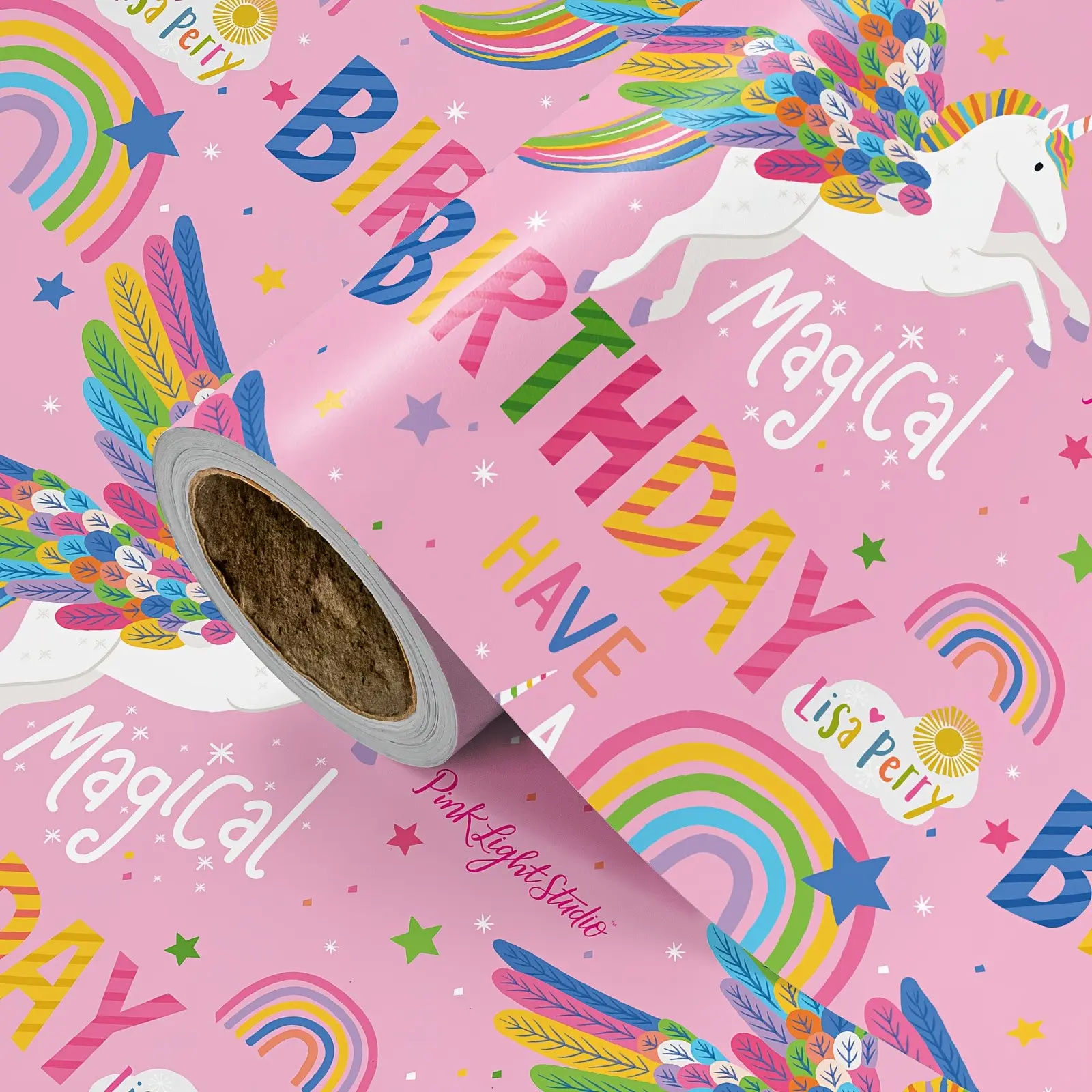 Unicorn Birthday Wrapping Paper Roll, Base with Colorful Wings, Stars & Magical Text, 43.2cm X 500cm, Fantasy Theme Gift Wrap