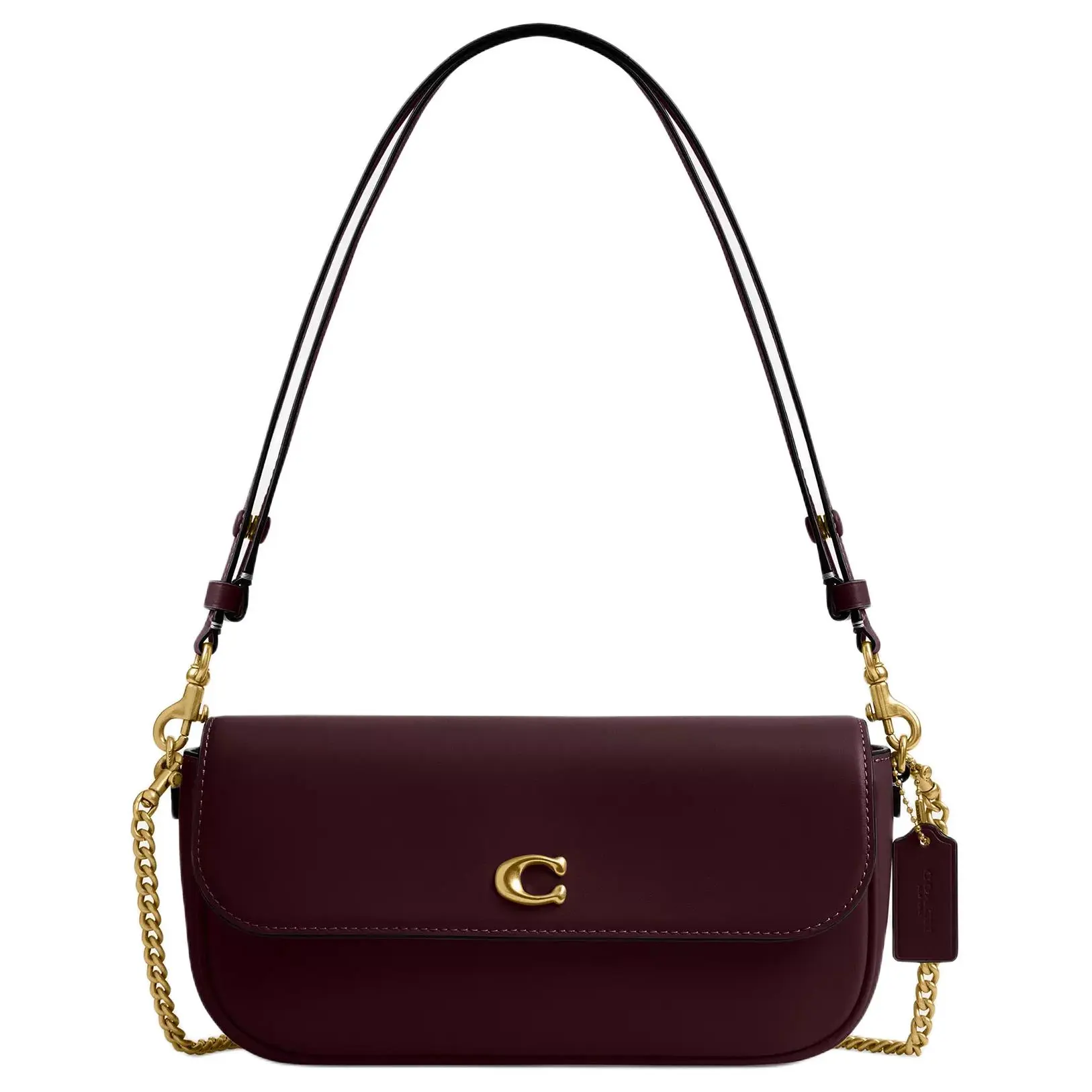 COACH Brook Flap 25 Metallic Logo Chain Shoulder Bag for Women, Calfskin, Medium, Merlot