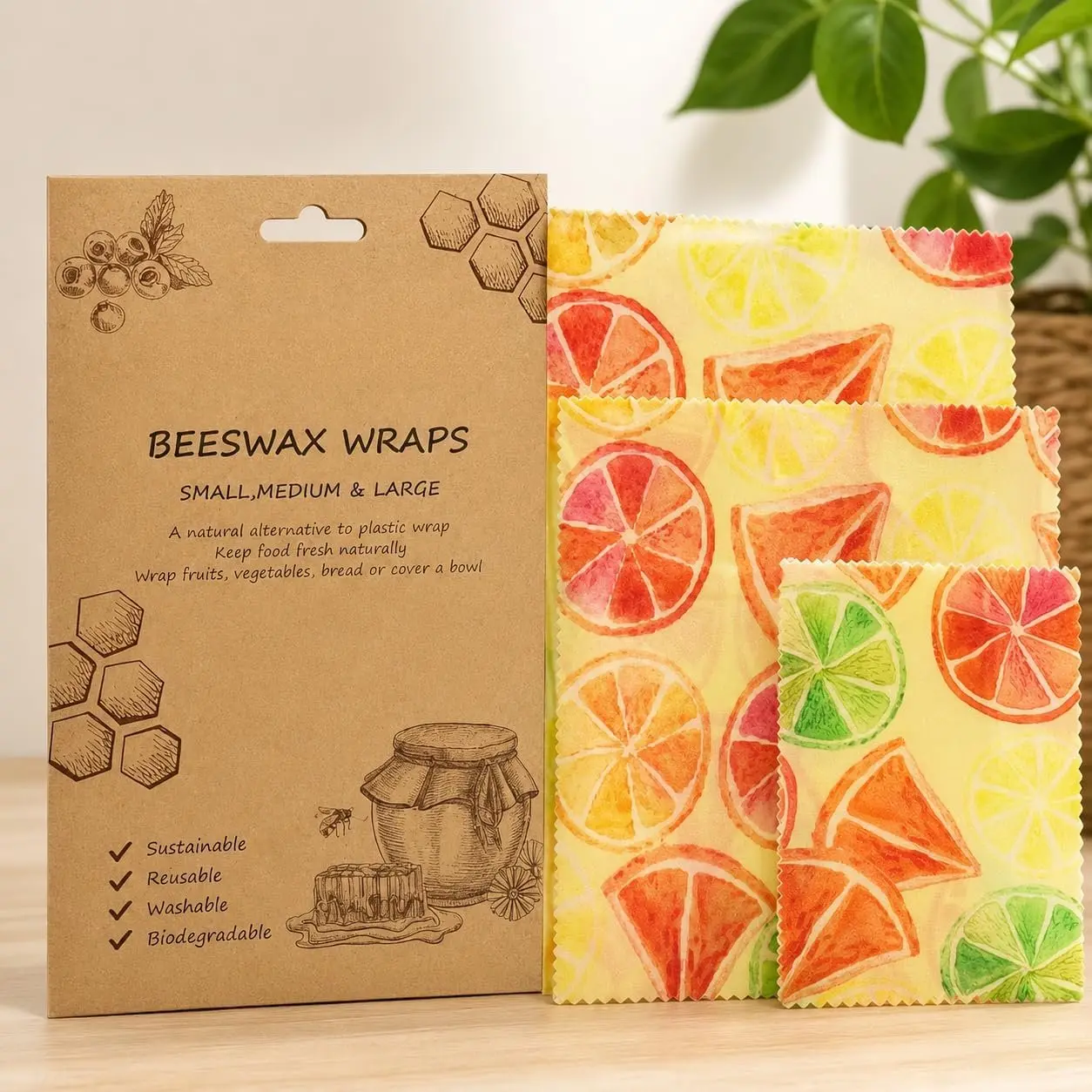 Beeswax  Wraps –  3 Pack (Small, Medium, Large) –  Plastic Wrap Alternative –    Wrap