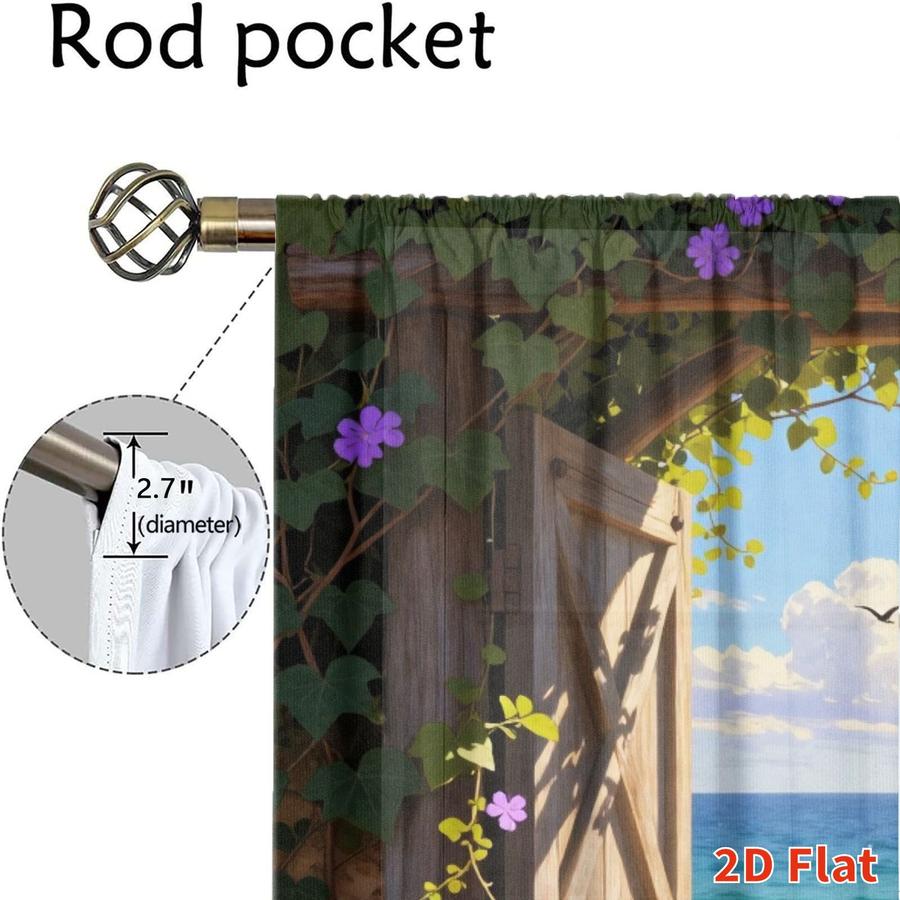 Coastal Landscape Beach Seascape Window Curtains 2Pcs Digital Print Rod Pocket for Bedroom Office Kitchen Living Room Study Home Decor Soft Light Filter Easy Installation