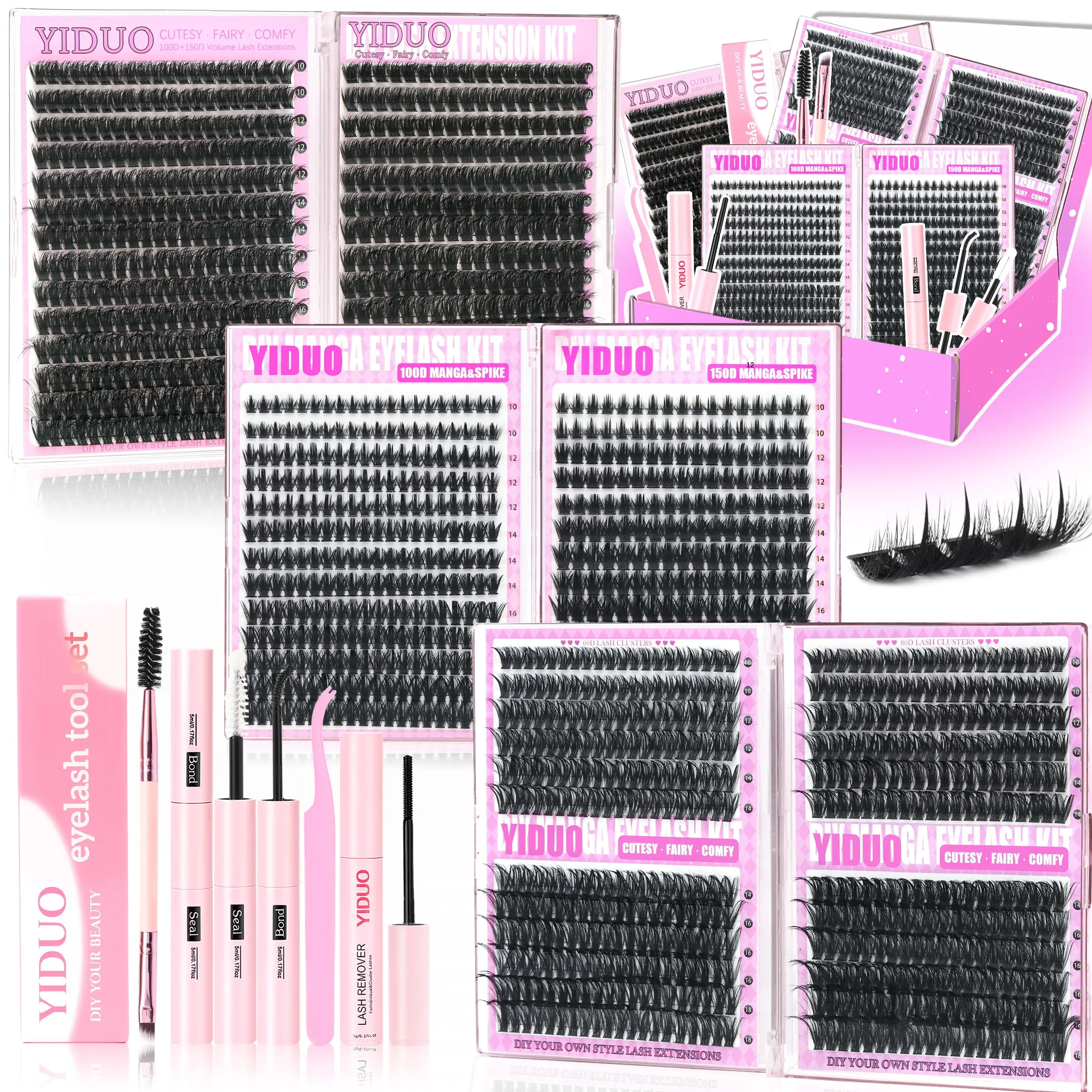 YIDUO Complete Volume Lash Set – 1479 Pieces Including 60D+80D and 100D+150D Manga & Spike Lash Extensions, DIY Application Kit, Comes with Glue, Sealer, Remover, Tweezers, and Spoolie Brush