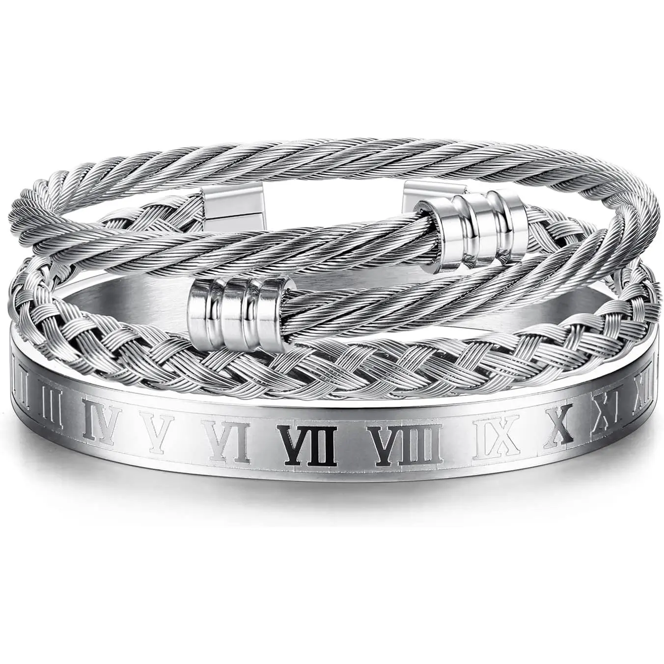 Stainless Steel  Bracelets for Men  Bracelet Stack | 3 count Adjustable Cuff Bracelets Roman Numeral Bangle Bracelet Luxury 14K  Plated Mens  Gifts Twisted