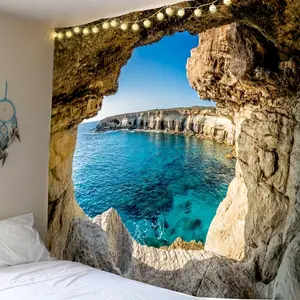 Enchanting Forest Cave View Tapestry - Lightweight 85gsm Polyester Peach Skin Fabric Wall Hanging with Dreamcatcher Design for Bedroom & Living Room Decor, Artistic Landscape with Ocean and Cliffs, Ideal for Dorms & Teen Girls' Rooms, Forest Decor