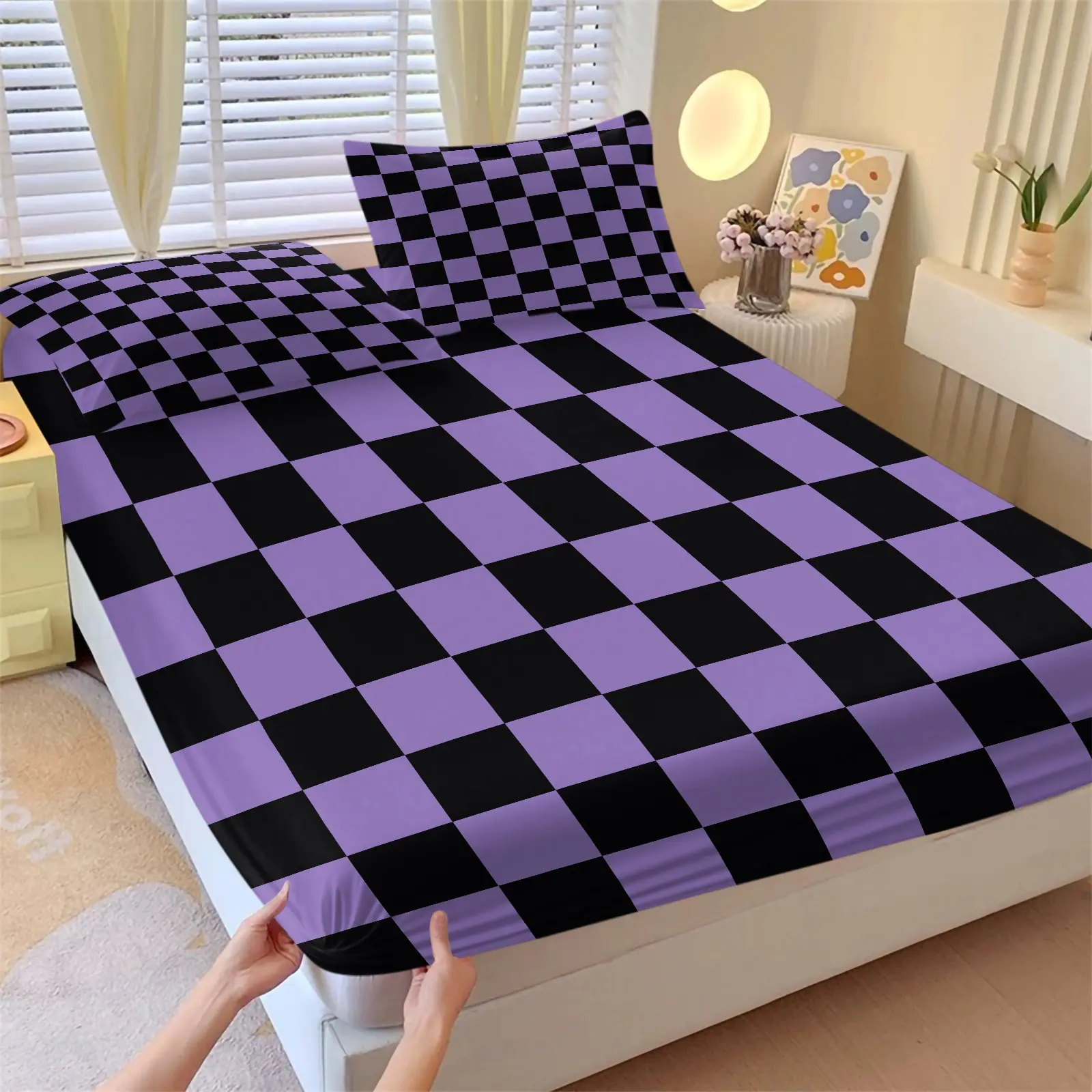 3Pcs Purple Black Checkerboard Print Fitted Sheet Set, Classic Checkered Bed Sheet Set, Soft Microfiber Bedding Set with Pillowcases, Perfect for Teens Room & Modern Bedroom Decor - No Filling
