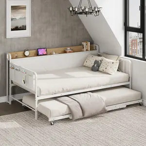 Fathersdaygift Summervibes Flash sale home items Modern Twin Upholstered Daybed with Pull-out Trundle & LED Lights, Headboard with Built-in Charging Station, Heavy-Duty Black Metal Frame Sofa Bed with Gray Linen Backrest & Vintage Side Panels for Bedroom