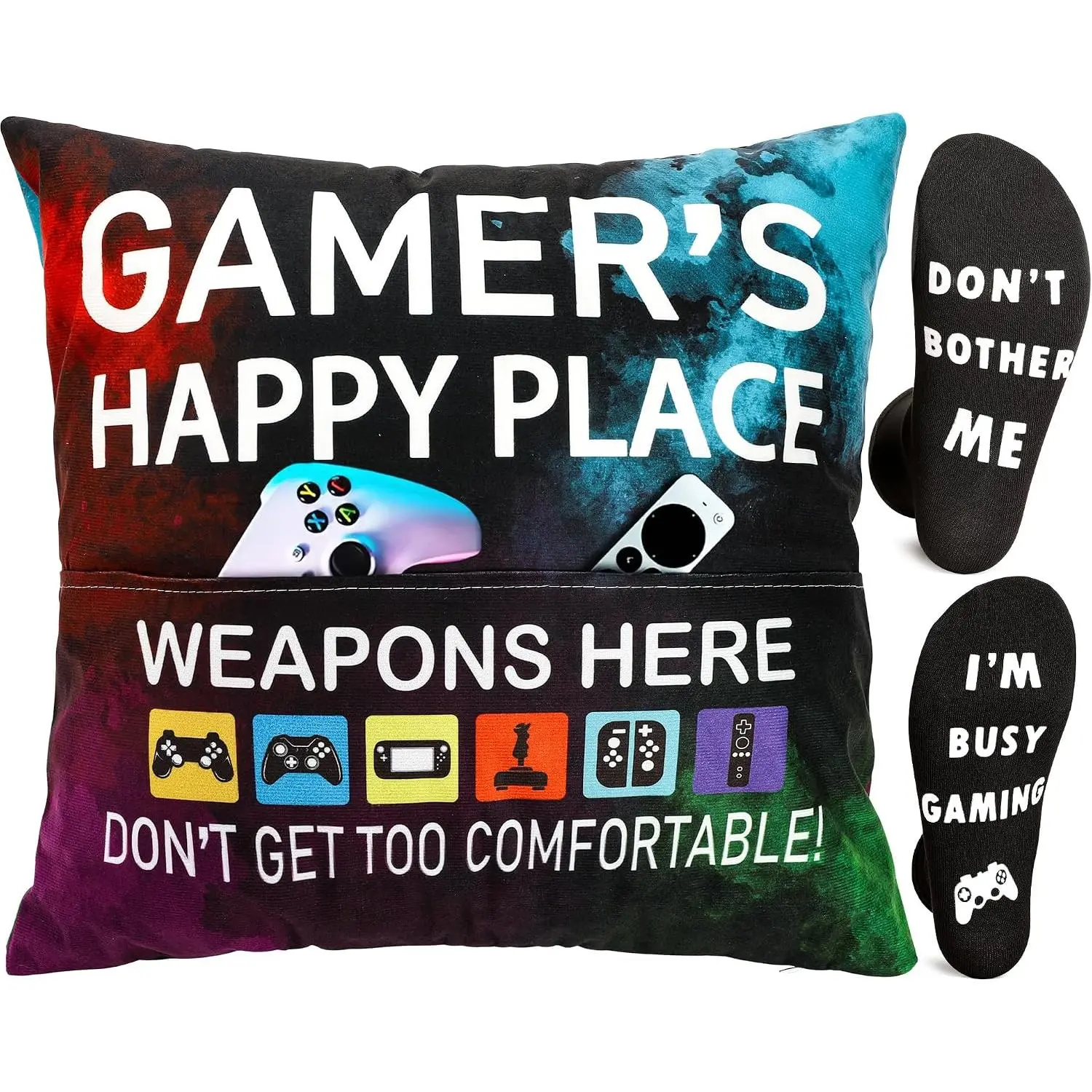 Gamer Gifts for Teenage Boys Men, Gaming Room Decoration, Gamer Pillow Cover and  Socks Gifts Set, Christmas Stocking Stuffers Ideas for Teens Boys Girls Men Father Boyfriends 18" x 18"
