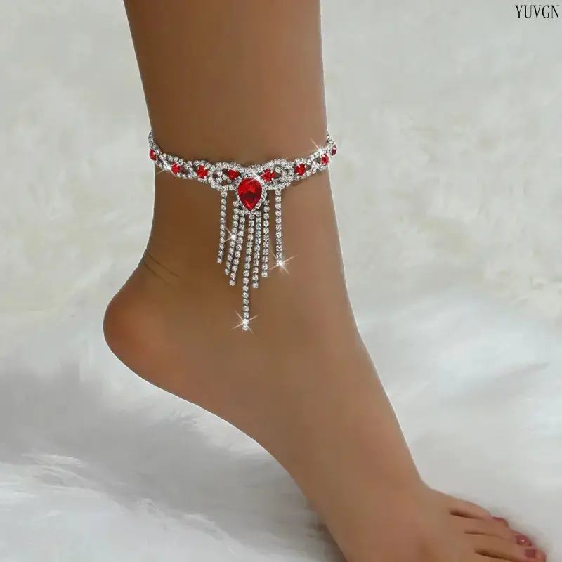 Elegant Blue Rhinestone Tassel Anklet, Copper Sparkling Crystal Drop Ankle Bracelet with Adjustable Extension Chain, Glam Foot Accessory for Daily Party and Evening Occasions