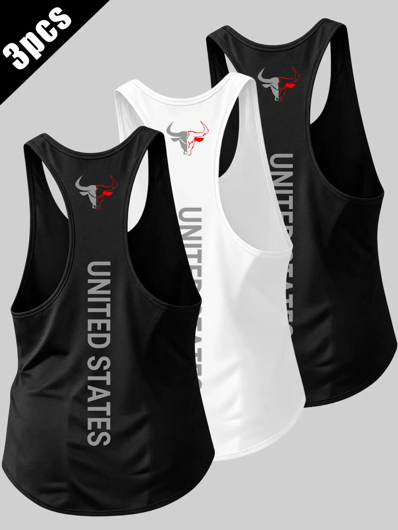 3Pcs Men Y‑Back Athletic Tank Tops Bull Head UNITED STATES Print Sleeveless Shirts Sleeveless Sports Wear Breathable Quick Dry Sports Vest for Weight Lifting, Strength Training, Running, Basketball, Outdoor Gym Workout