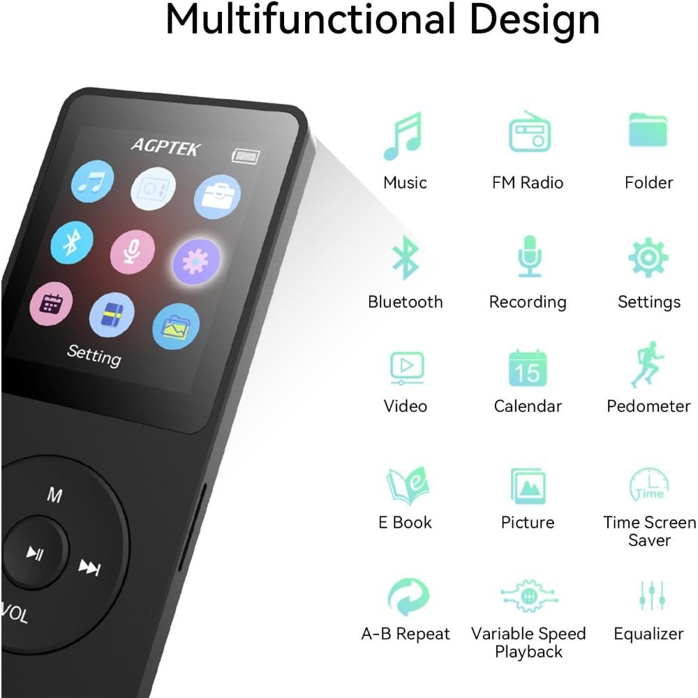 SUNDAY MIRTH MP3 Player with Bluetooth 5.3, 1.8 inch Portable Music Player with Speaker, FM Radio, Voice Recorder, Supports Expanded Up to 128GB(Black, 32GB)