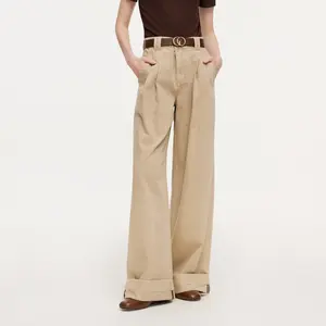 Denim Straight Wide Leg Women Folded Jeans With Belt