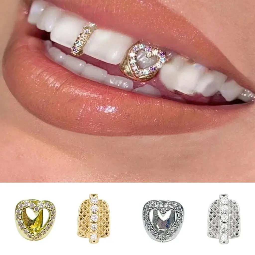 2-Piece Gold Tone Teeth Grillz Set, Hip Hop CZ Hollow Heart & Vertical Bar Caps, Silicone-Fitted Copper Oral Jewelry for Men & Women