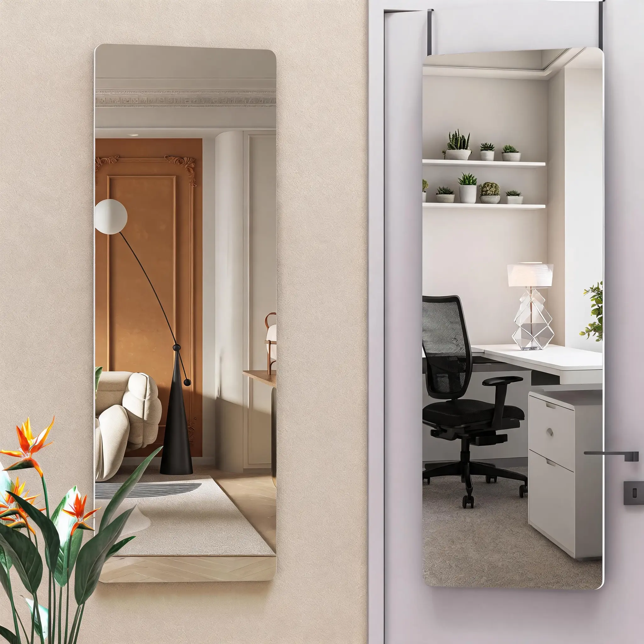 ARCH Full Length Door Mirror 47x16 Inches Over the Door Hanging Wall Mounted Mirror for Bedroom Living Room Cloakroom White Aluminum Alloy Frame HD Shatterproof Glass Dressing Mirror, White Color Options, Glass Material, Product Dimensions: 16.00 W