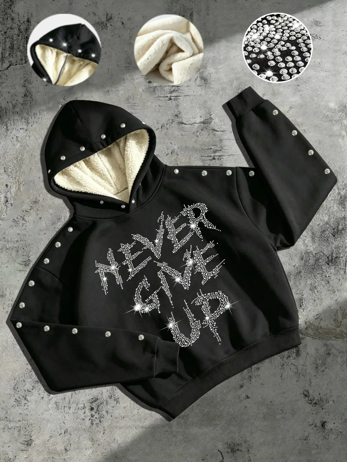Men's Thickened Hip-Hop Retro Hoodie, Rivet Long Sleeve Top with Rhinestone Letter Pattern, Warm Fleece Lining, Fall Winter Street Style