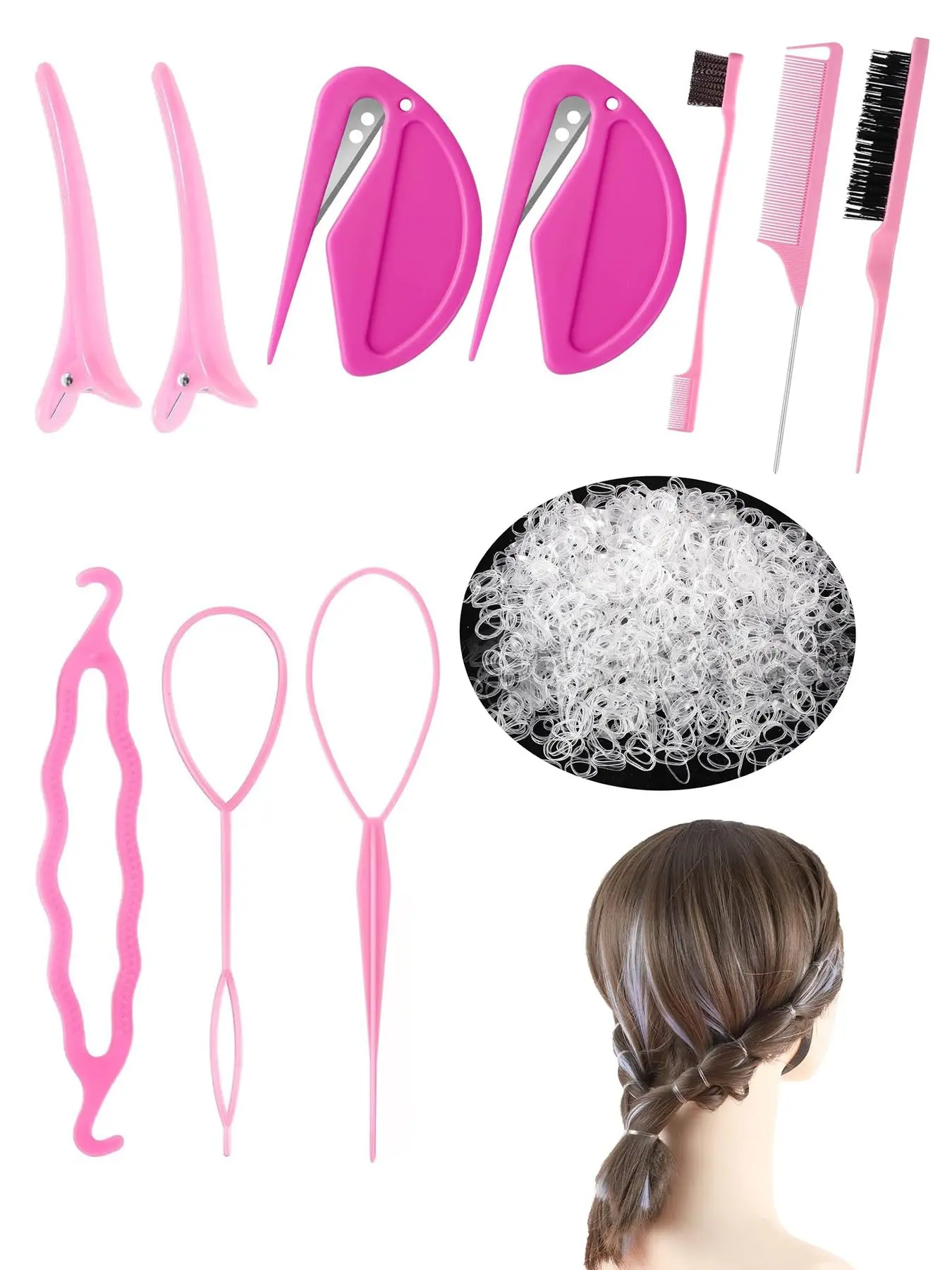 1000pcs Elastic Clear Hair Bands, Rubber Band Cutter, Topsy Tail Styling Tools, Braiding Tools, Girls' Christmas Gift Set, Soft Stretch Bands for Braids Ponytails