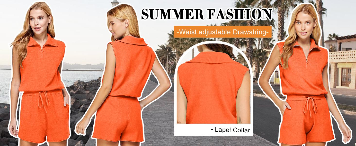 PiePieBuy Women's Casual Sleeveless Short Rompers Summer Half Zip Lapel Collar Drawstring Knit One Piece Jumpsuit with Pockets