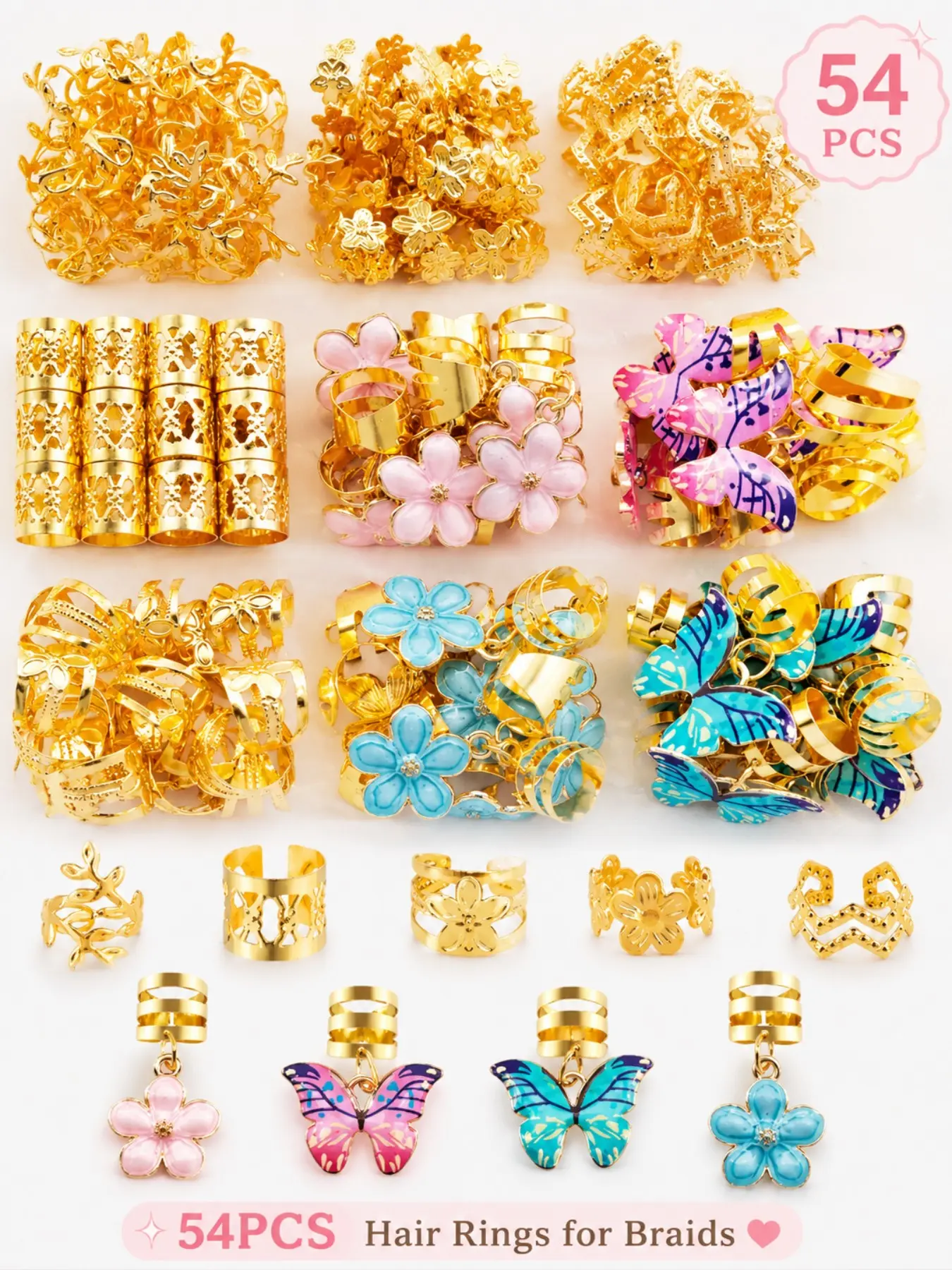 54pcs Floral Wave Decorative Hair Rings Set, Colorful Butterflies & Camellias, Adjustable Alloy Hair Cuffs, Versatile Romantic Garden Hair Jewelry Gifts for Women