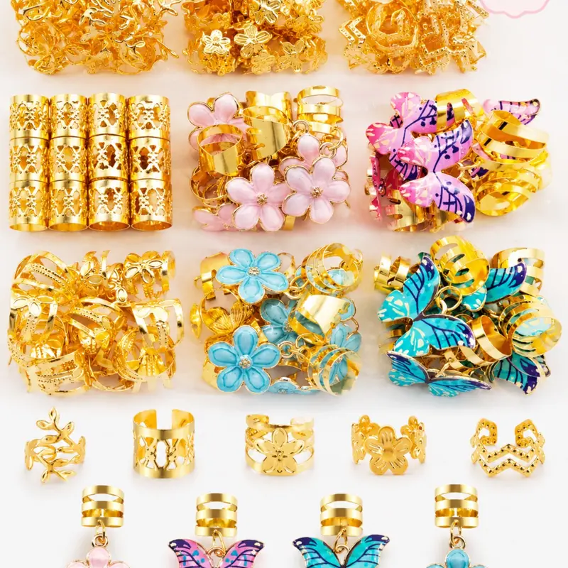 54pcs Floral Wave Decorative Hair Rings Set, Colorful Butterflies & Camellias, Adjustable Alloy Hair Cuffs, Versatile Romantic Garden Hair Jewelry Gifts for Women