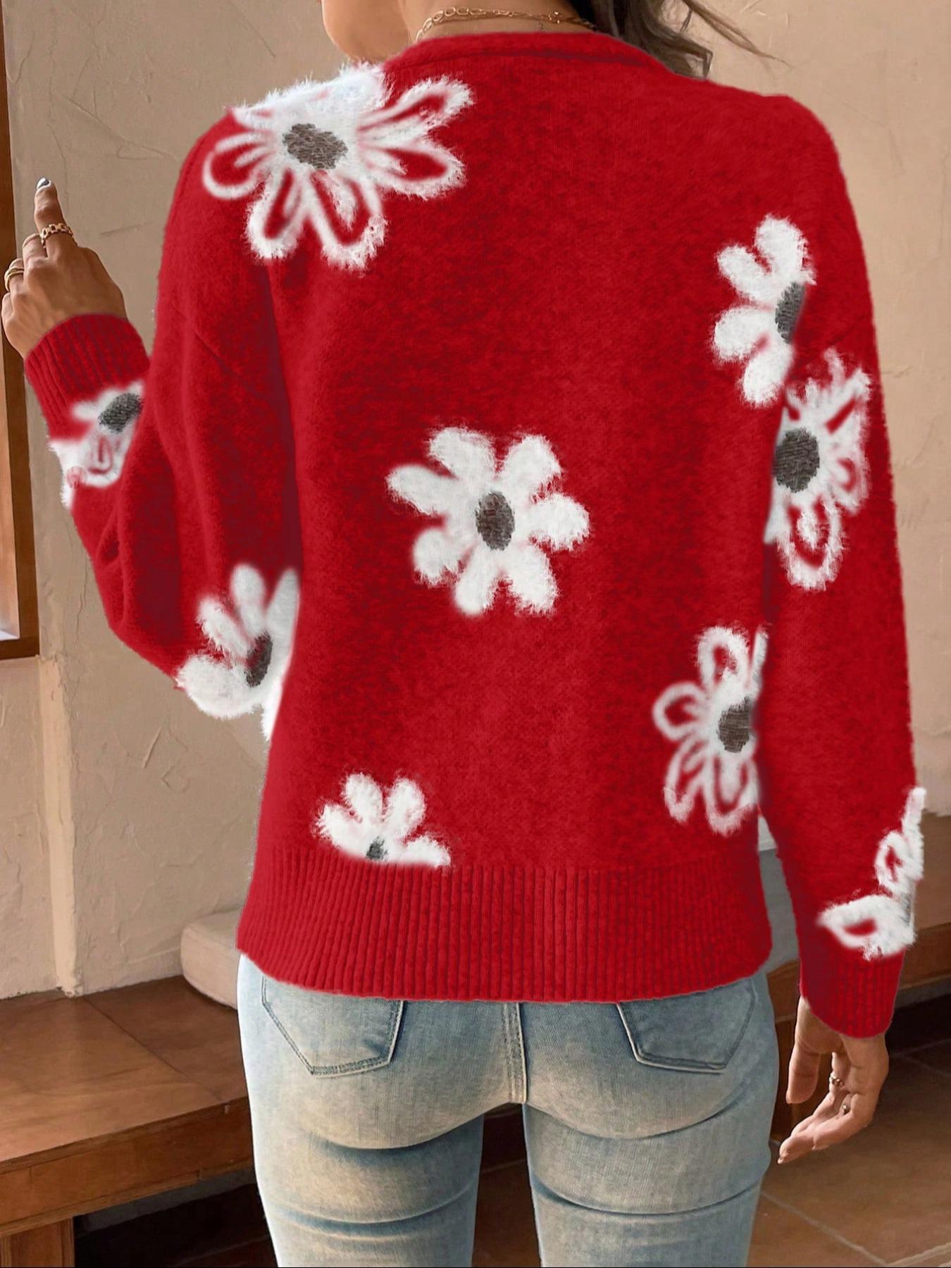 Plus Size Floral Print Button Front Cardigan, Casual Drop Shoulder  V Neck Knitwear for Fall & Winter, Women's Plus Clothing for Daily Wear Womenswear