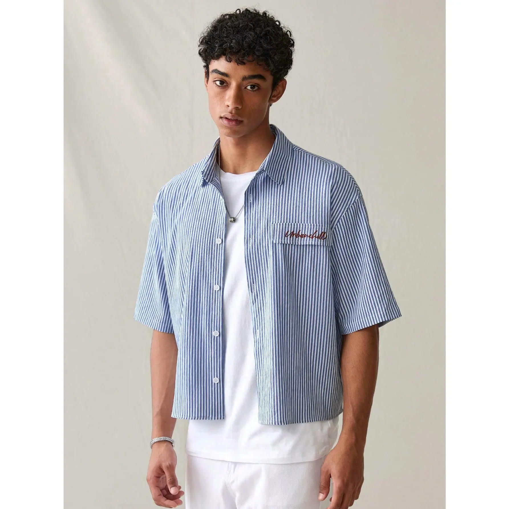 Men's Striped Knitted Casual Fashion Shirt, Soft Short Sleeve Button-Up Top with a Loose Boxy Cropped Fit for Summer Streetwear, Button Up Shirt, Fabric, Male Clothing