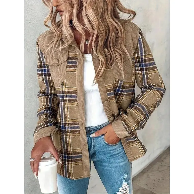 Women's Vintage Checkered Flannel Shirt Jacket, Casual Long Sleeve Cardigan for Fall & Winter, Cozy Fitted Woven Top rock star puffer jacket peacoat trench coat