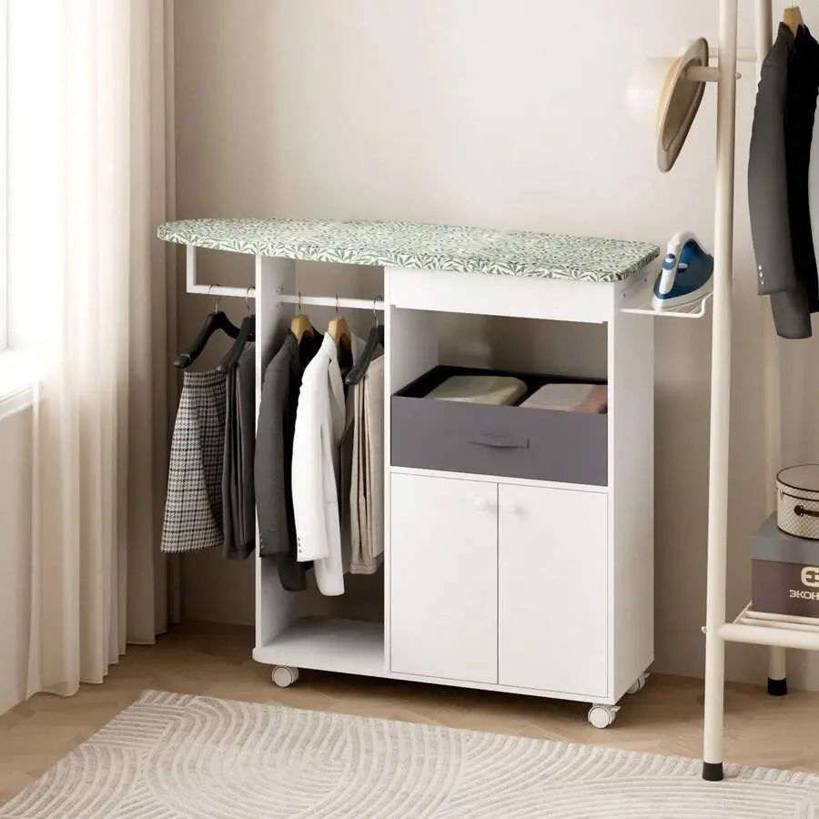 Ironing Board With Storage Cabinet, Drawer And Rest Rack – Compact Space-Saving Ironing Table Laundry Room Or Living Room