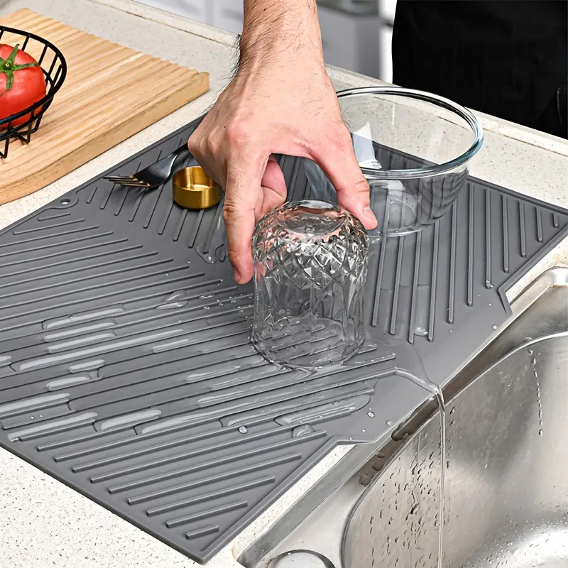 [Heat Resistant Drain Mat] 1pc Heat Resistant Silicone Drain Mat | Folding Draining Pad, Large Drain Tray, Pot Holder, Dishwasher Safe Trivet, Kitchen Accessory for Dishes and Utensils, Reusable Silicone Mat
