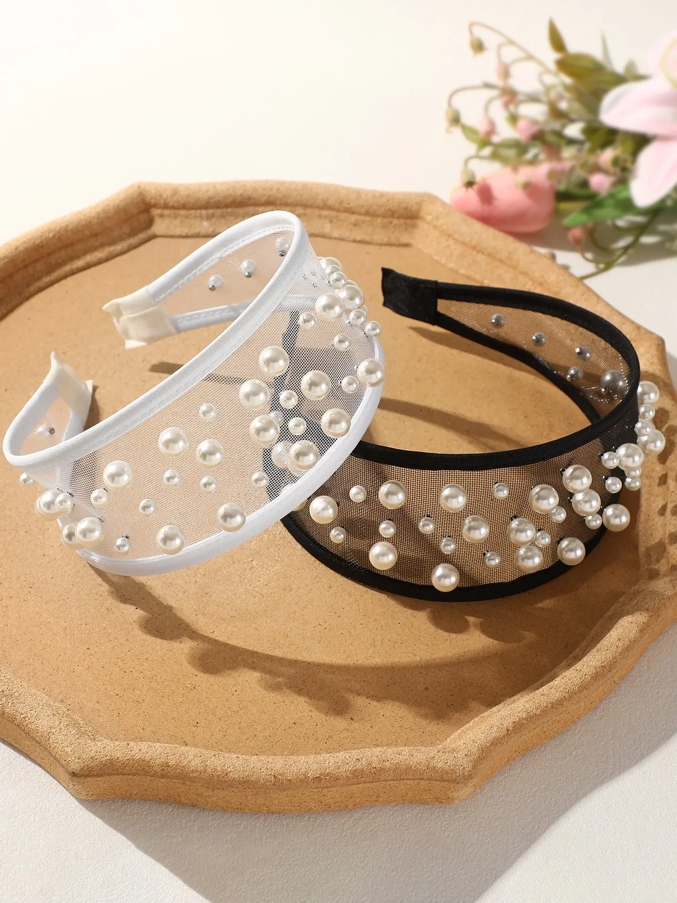 2pcs Elegant Rhinestone Net Headbands for Women, Luxury Pearl Wide Band Hair Accessories, Perfect for Weddings and Evening Events