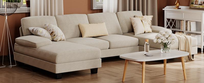 U-Shaped Sectional Sofa with Double Chaise, 4-Seat Couch with Corduroy Upholstery for Living Room or Apartment – Dark Grey