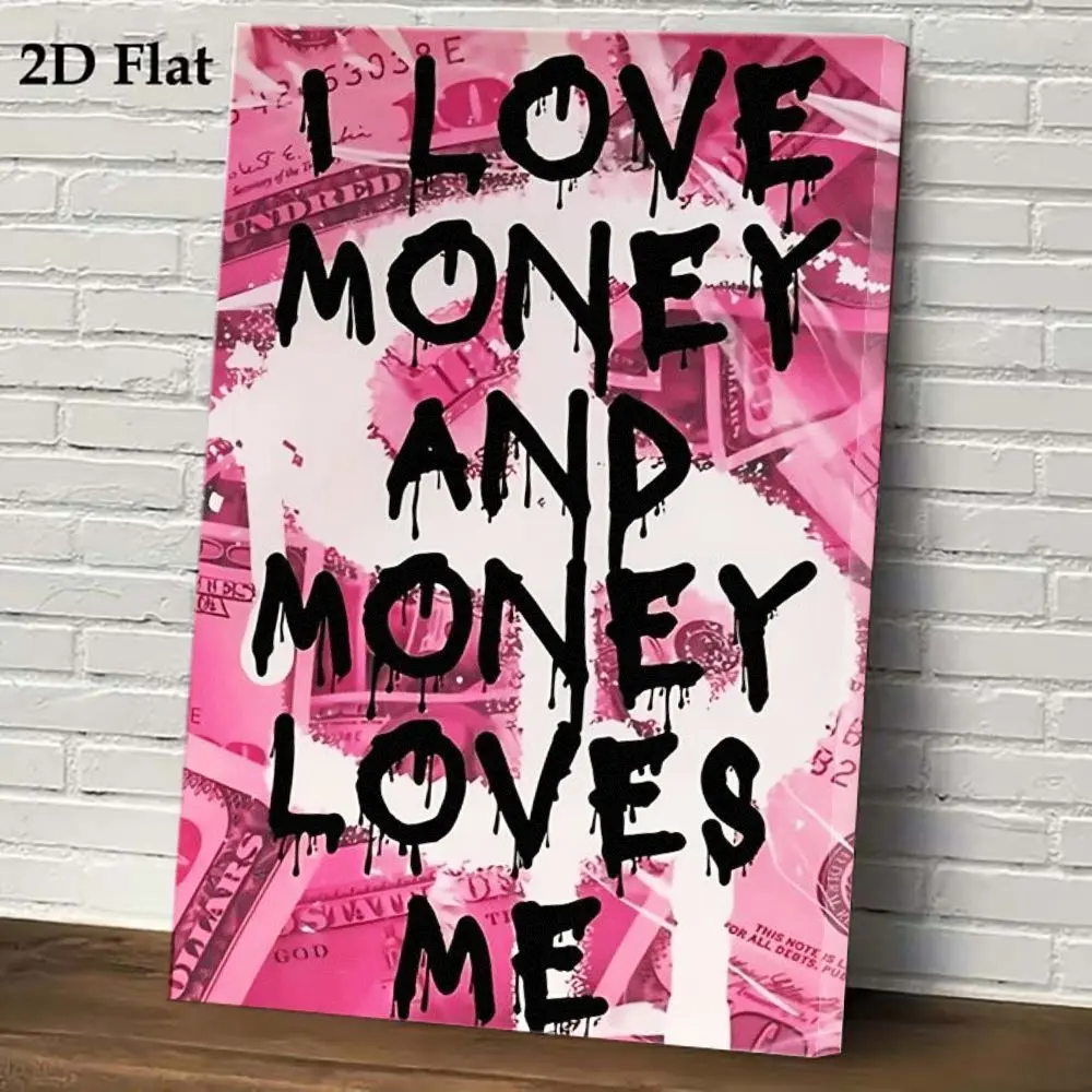 Wooden Framed "I Love Money & Money Loves Me" Motivational Wall Art - Pink Dollar Sign Background Suitable for Home Office Decor, Modern Money Quote Print for Bedroom, Living Room, Success Mindset Gift, Spray-Painted Decoration, 2D Flat