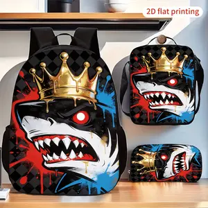 3pcs Crown Shark Graffiti Print Backpack Combo • Fashion Casual Backpack with Matching Crossbody Bag And Stationery Pouch • Cool Street Style Graphic Print Travel Daily Bag Set