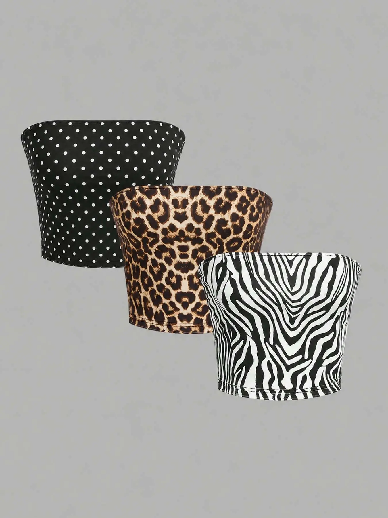 Y2K Retro Multi Print 3 Pack Strapless Slim Crop Tube Top, Leopard Zebra Polka Dot Pattern Stretch Bandeau Bustier Perfect For Alt Street Aesthetic, Party Night Outfits, Daily Layering And Curvy-Friendly Soft Lightweight Stretchy Sleeveless Top