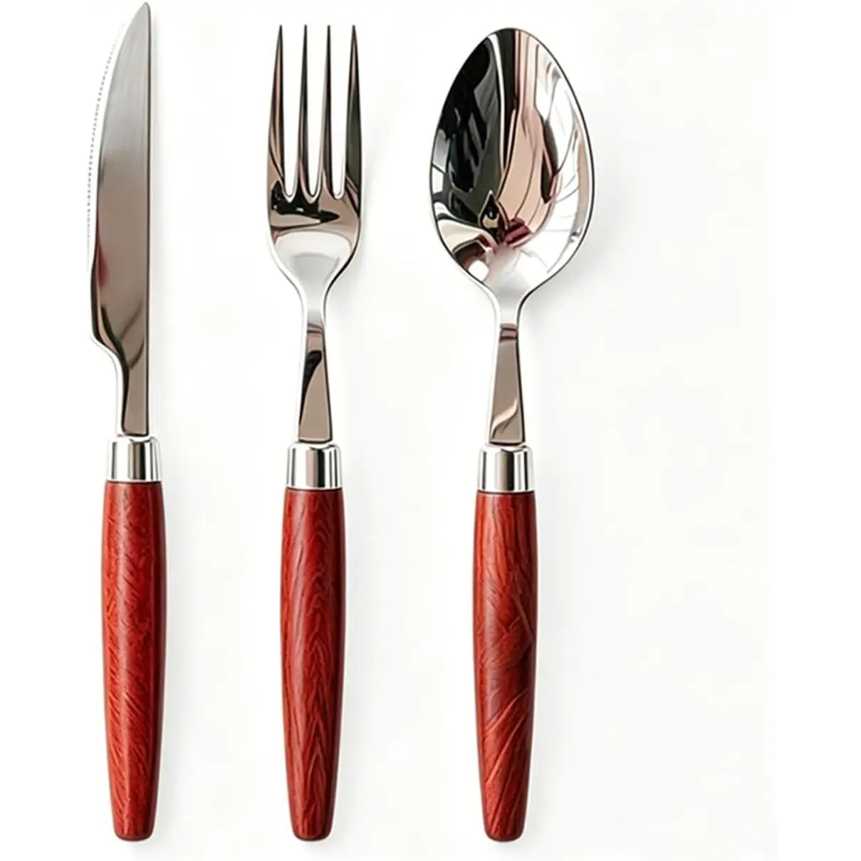 Personal 3 count  Handle Silverware Fork  Spoon Flatware | Stainless steel cutlery set, non-slip wooden handle, portable travel 3 count fork  spoon for , camping and daily use