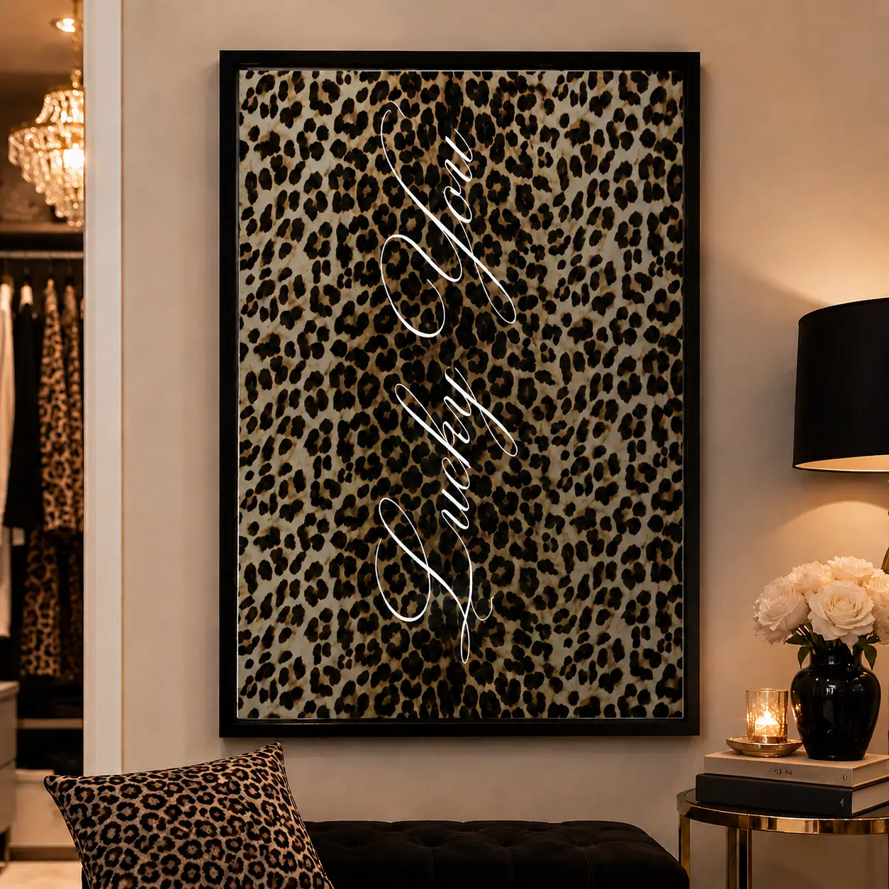 "Lucky You" Leopard & White Poster |   Modern Wall Decor, Canvas Wall Art, Canvas Prints, Framed Canvas, Unframed Canvas, Animal Wall Art, Leopard Decor, Modern Poster, Room Wall Decor, Bedroom Decor, Living Room Wall Art, Office Decor, Gift Idea
