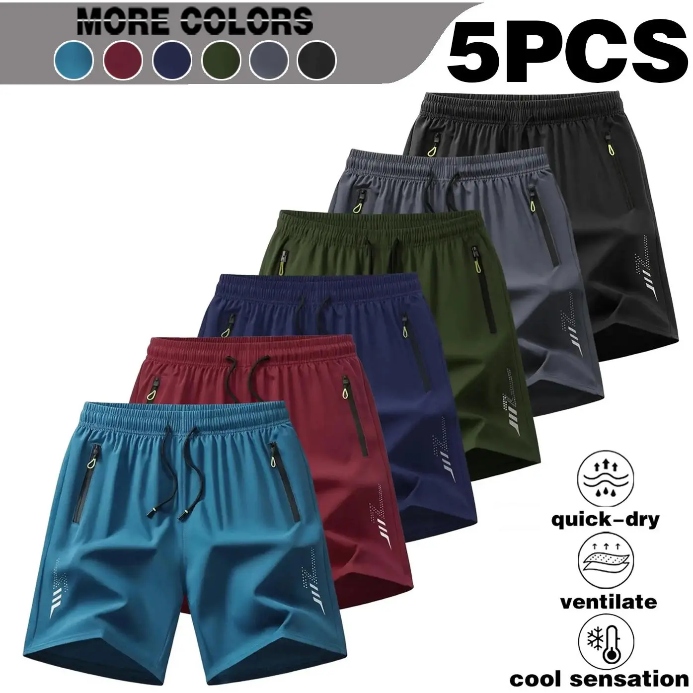 Men's 3-piece and 5-piece sports quick drying shorts, with a solid color breathable quick drying style, featuring zippered pockets and drawstring waistband, suitable for outdoor activities and fitness training. Men's shorts, summer shorts