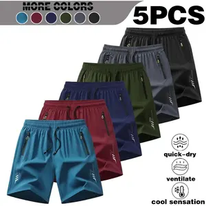 Men's 3-piece and 5-piece sports quick drying shorts, with a solid color breathable quick drying style, featuring zippered pockets and drawstring waistband, suitable for outdoor activities and fitness training. Men's shorts, summer shorts