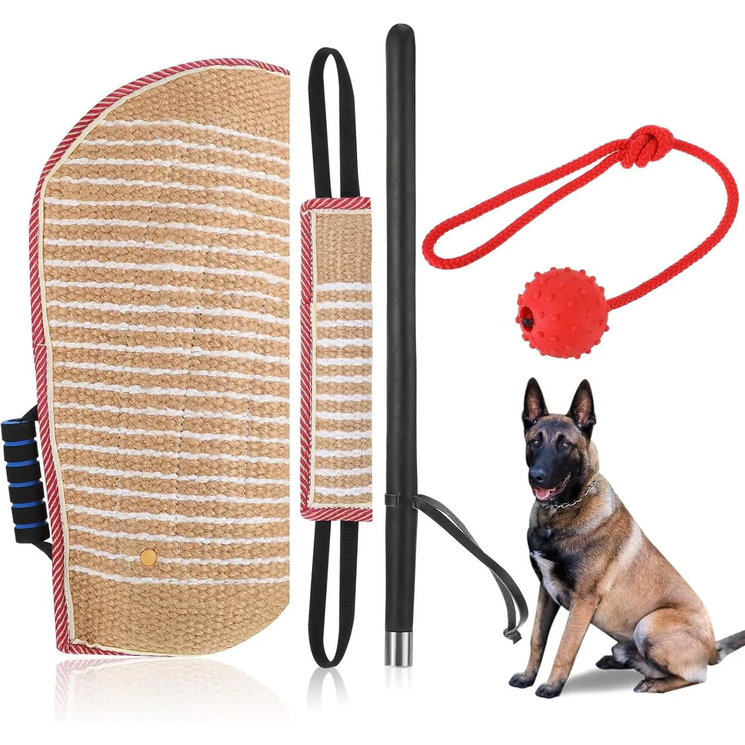 4 Pcs Dog Training Set Include Dog Sleeve Pillow Tug Toy Training Stick and Rubber Ball Professional Equipment for Biting Interactive Fetch K9 Puppy(Red)