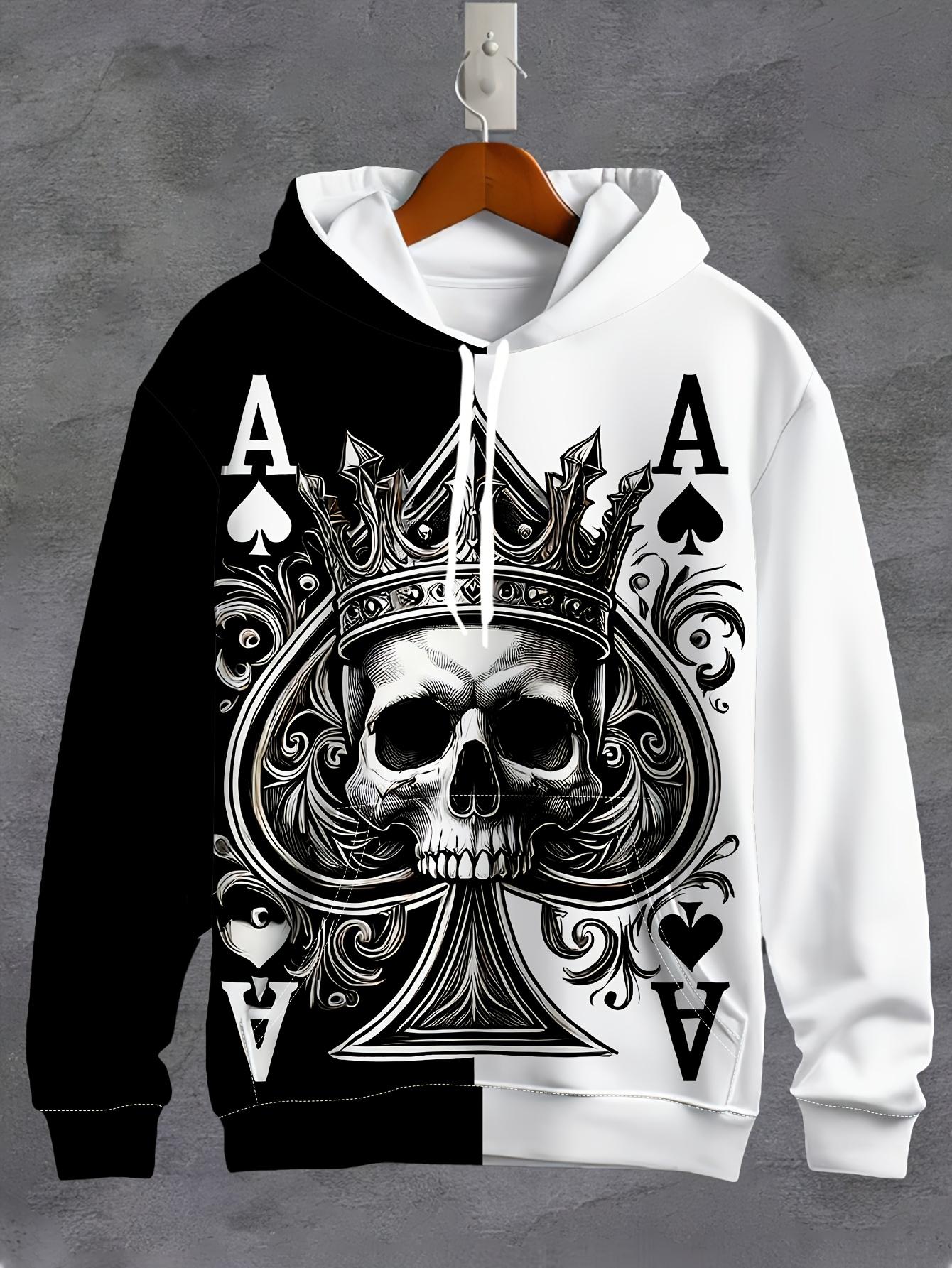 3D Men's Skeleton Poker Pattern Long Sleeve Casual Hoodie with Drawstring Pocket, Fashionable Pattern Hoodie Sports Fashion Sports Daily Spring and Autumn Top
