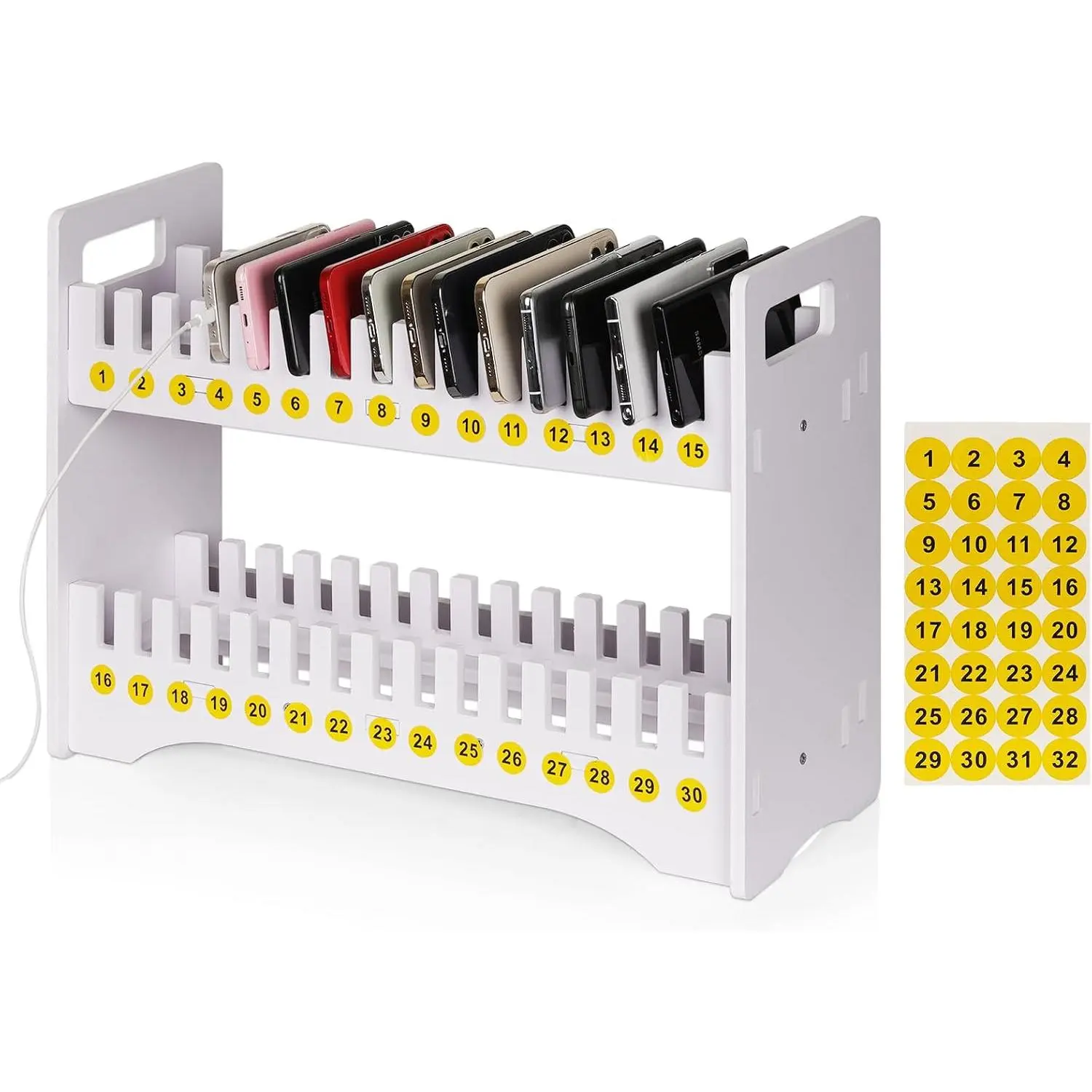 Cell Phone Holder Classroom Cell Phone Storage 2-Tier Multiple Cell Phone Stand Rack with 1-30 Number Stickers PVC Board Mobile Phone Holder Desktop Organizer for Classroom Office (30 Slots)