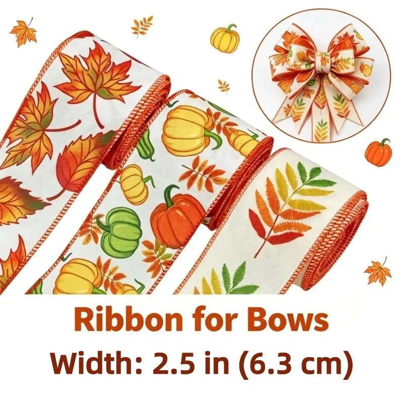 2.5inch 3PCS Total 15 Yards Wired Ribbon Fall Harvest Thanksgiving Yellow-green Leaf Pumpkin Bow Ribbon Polyester Linen Bow Making Gift Wrapping Handmade DIY Holiday Decor Bouquet Wrapping