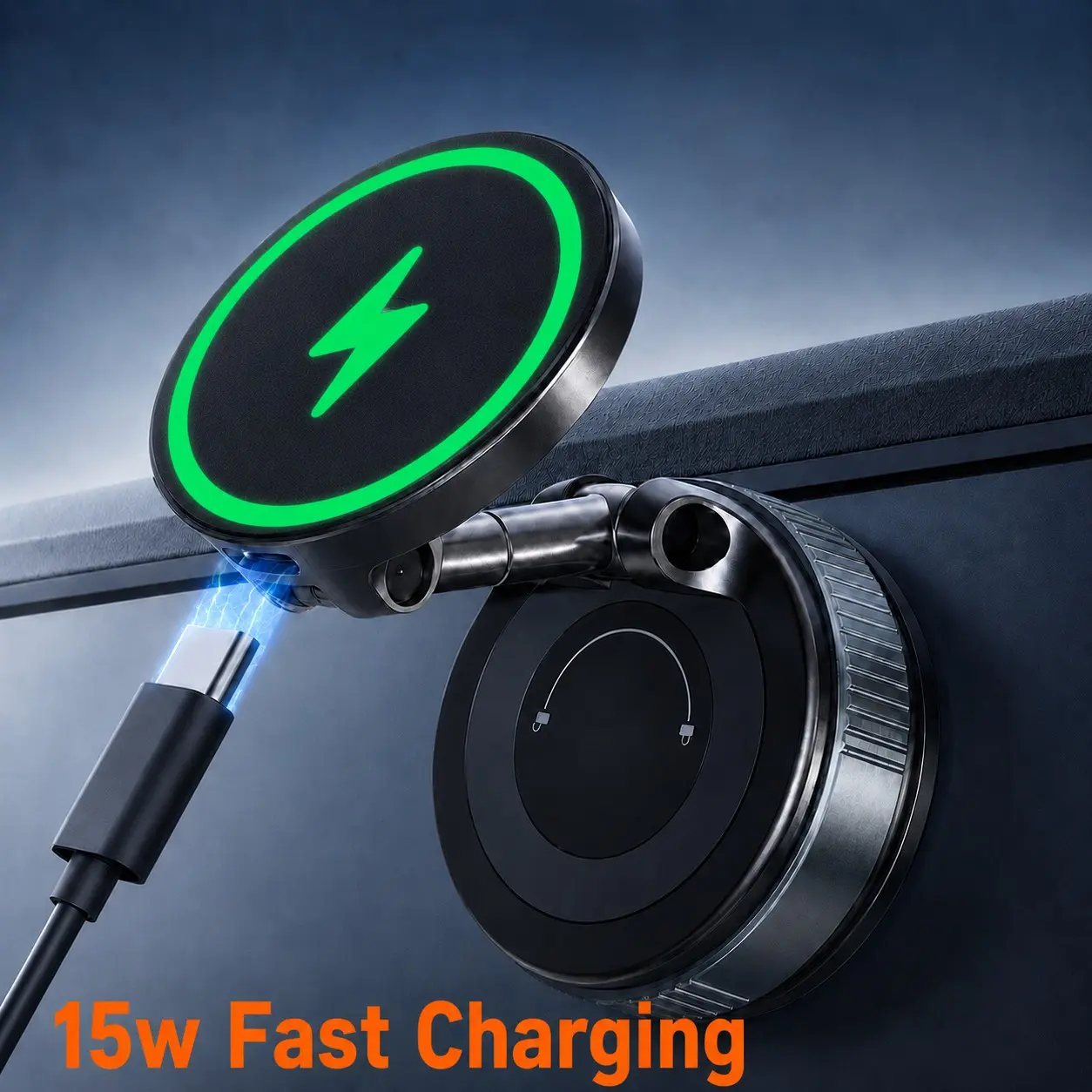 15W MagSafe Wireless Car Charger Mount, Fast Charging Magnetic Phone Holder with Strong Vacuum Suction Cup, 360° Adjustable Folding Stand for iPhone 12-17 Pro Max, Car Gadgets