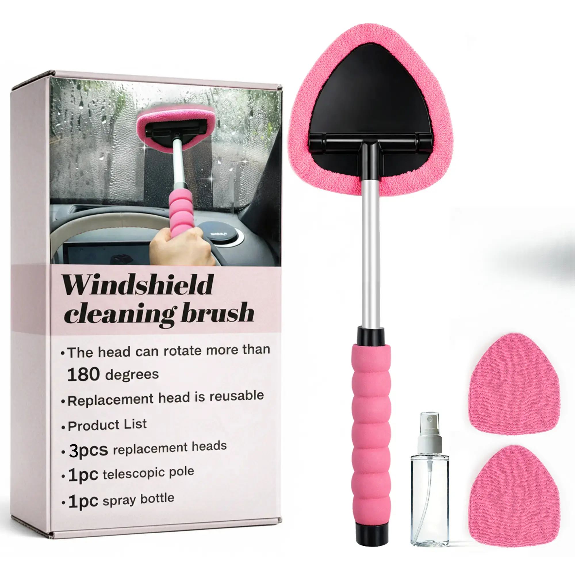 Windshield Cleaning Tool and Extendable Handle,Car Window Cleaner with Microfiber Pads,Auto Glass Cleaning Tool for Interior Windshield, Automotive Cleaning Accessories Car Detailing Products summerwins