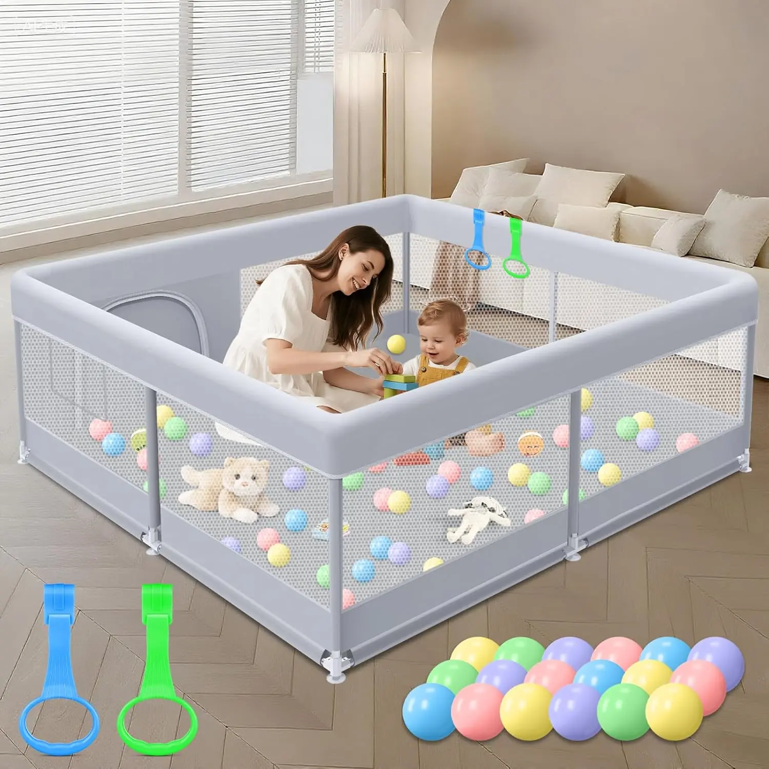Gray Baby Playpen (50 x 50 in) - Skin-Friendly Fabric, Soft Breathable Mesh Activity Center for Infants & Toddlers, Indoor & Outdoor Home Supplies, 50 X 50 Inch