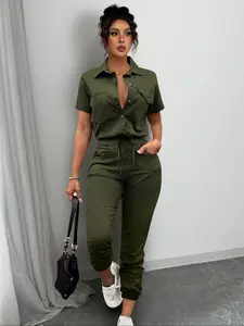 Women's Summer Spring Casual Retro Workwear High Waist Slim Fit Cuffed Romper, Comfortable and Stylish One-Piece for Daily Wear