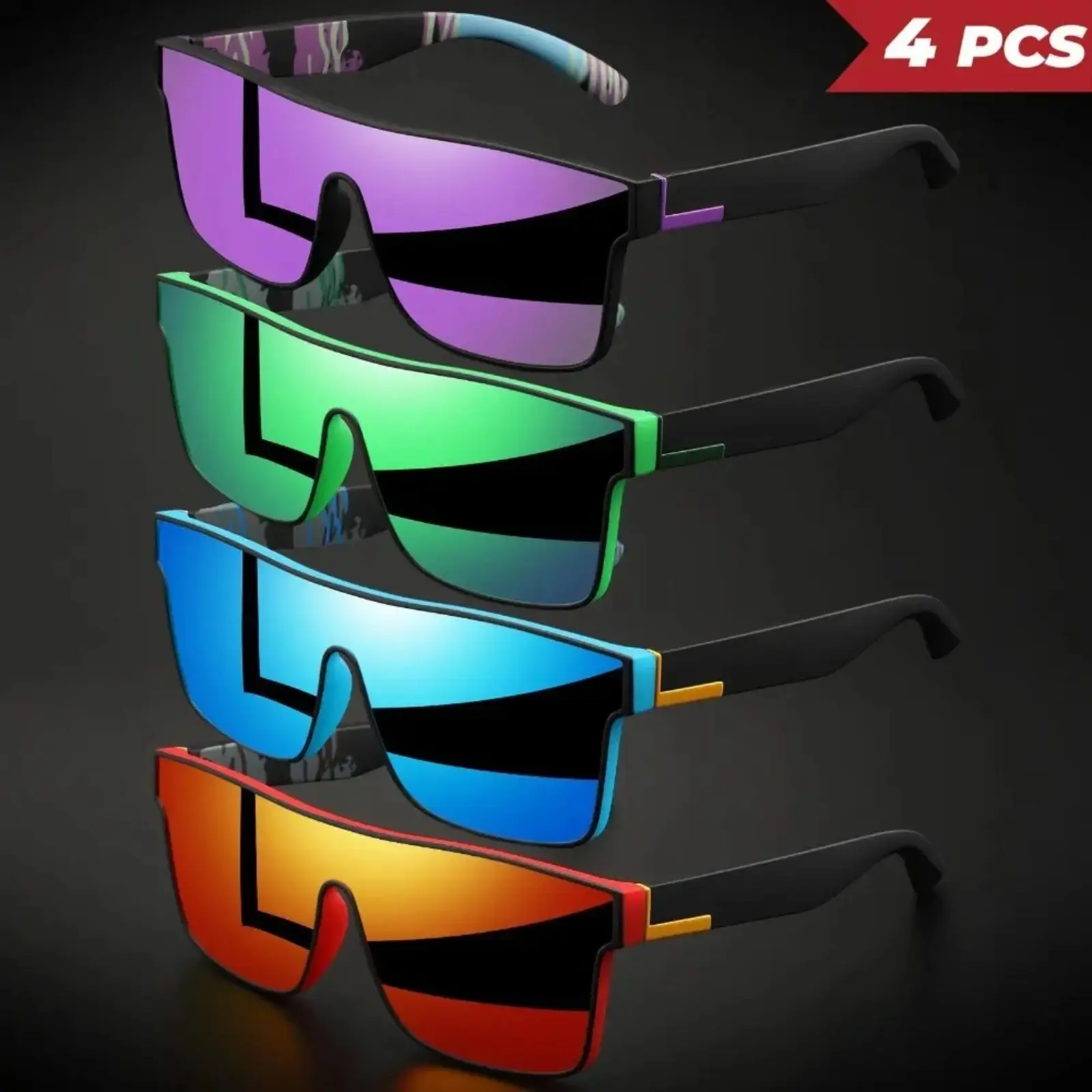 4pcs Classic Colorful Square Polarized Sunglasses for Men, UV400 Protection Anti Glare Nylon 1 Piece Lens Eyewear, Comfort Sport Glasses for Cycling