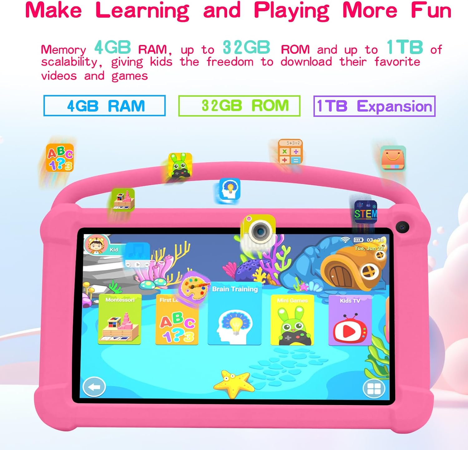 Tablet 7 inch for Boys Girls, Android Tablets for 4GB RAM 32GB ROM Toddler Tablet WIFI Bluetooth Safety Eye IPS Screen Parental Control, Dual Camera Shockproof Case for Educational, Games.
