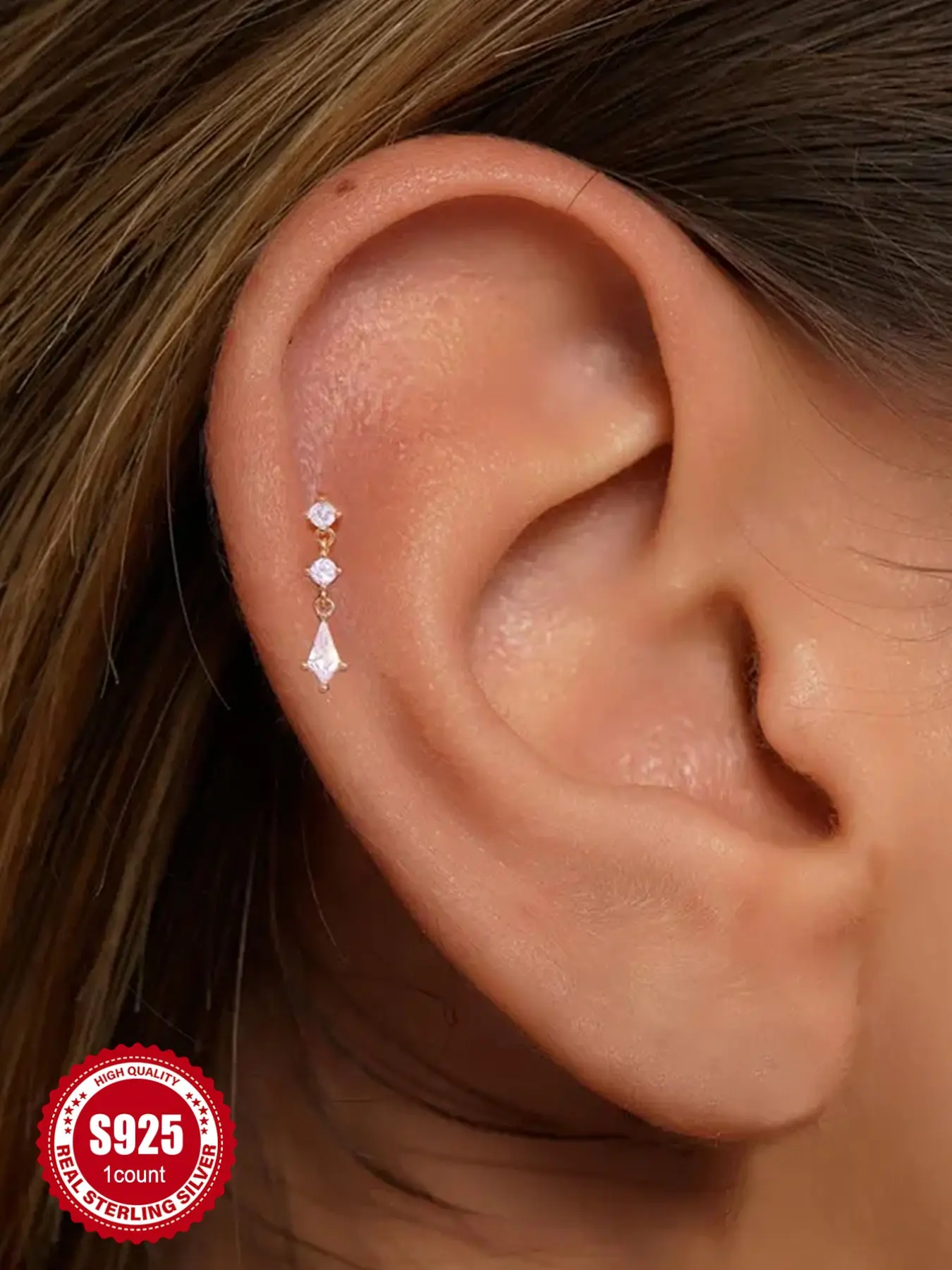 Waterproof 18K Gold Plated S925 Sterling Silver Kite Earring | 1PC Sparkly Kite Cut CZ Diamond Chain Tassel Flatback Stud | Tarnish Free Sleep Safe Cartilage Helix | Hypoallergenic Celestial Jewelry Gift