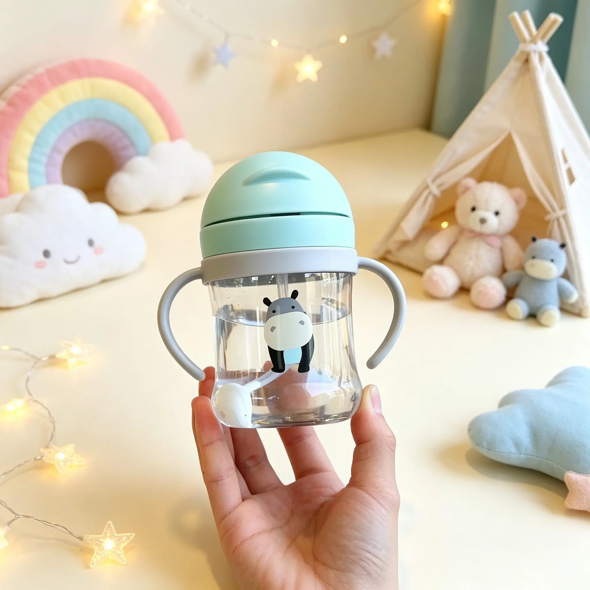 Cartoon Hippo Print Baby Sippy Cup 250ML, Anti-Choking Straw, Gravity Ball Water Bottle, Leak-Proof with Handle, Ideal for Daily Use, Toddler Cup with Straw